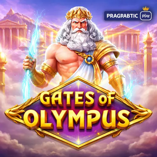 Gates of Olympus với Zeus và biểu tượng đá quý cùng logo game