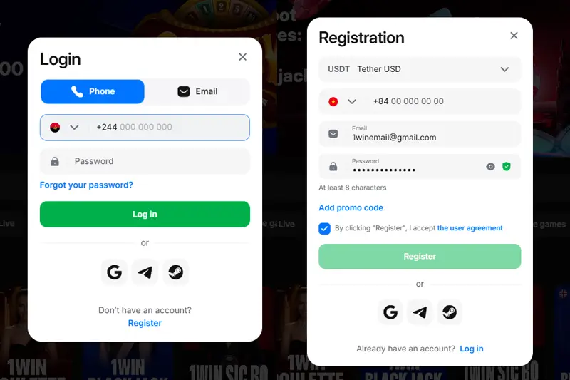 Đăng ký 1win bằng email hoặc điện thoại